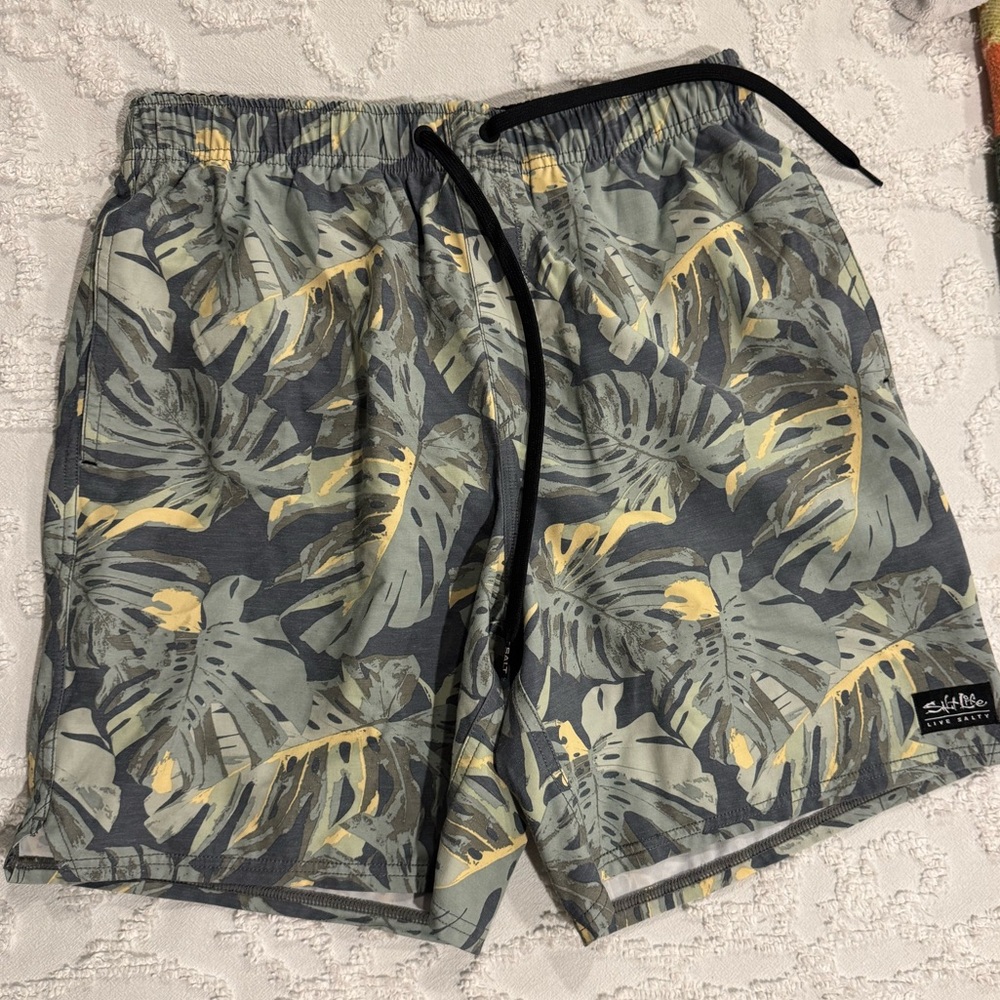 Salt Life Gray and Yellow Leaf Print Board Shorts